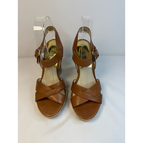 Michael Kors Espadrilles Wedge Sandals Womens Size 7M Brown Leather Ankle Strap - Picture 2 of 12